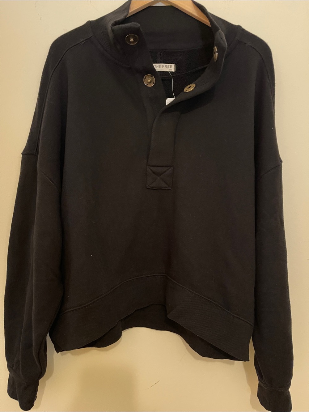 We The Free Black Funnel-Neck Button Pullover Sweatshirt Size L